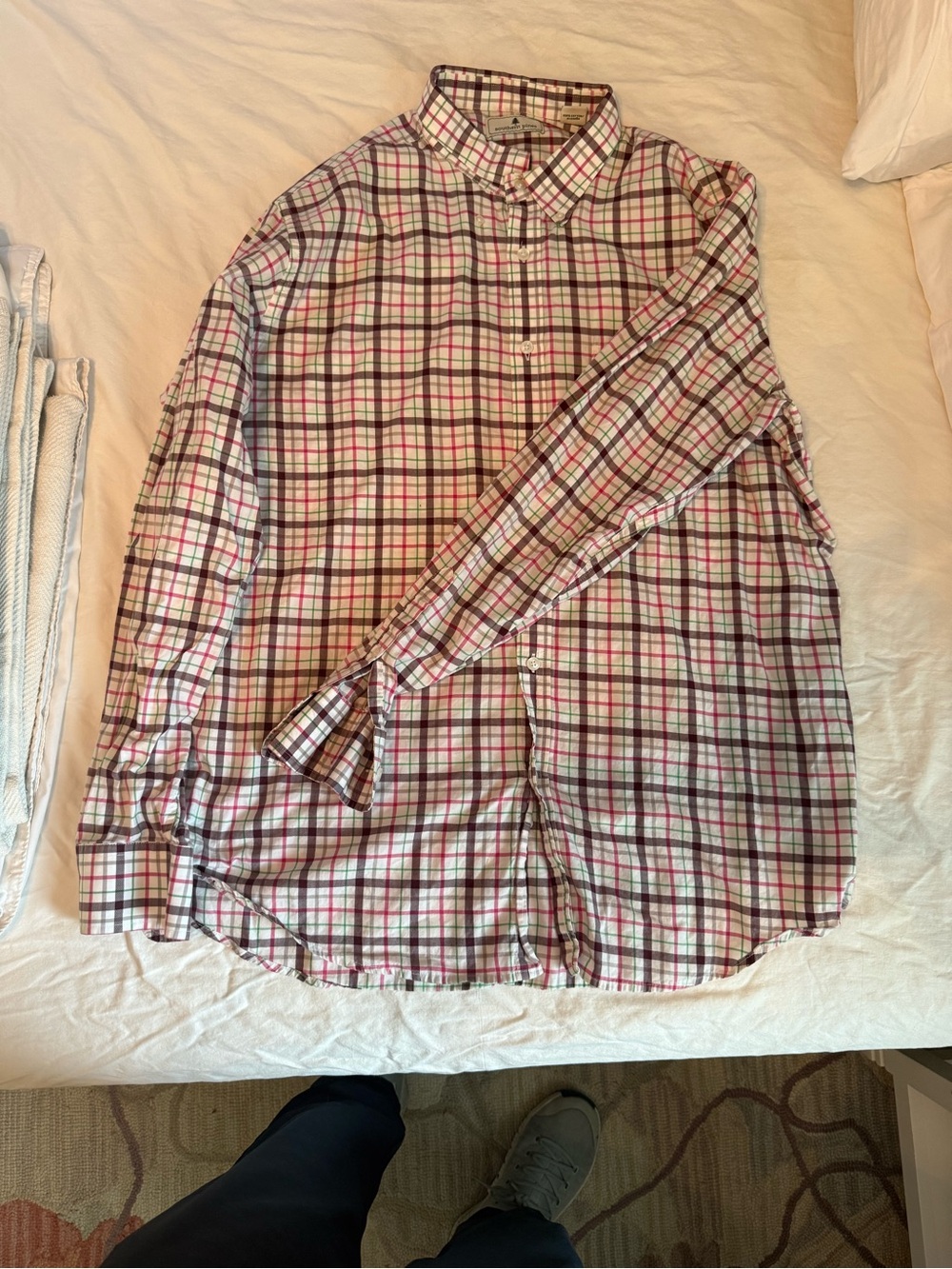Southern Pines Plaid Button-Up Shirt in White, Red, Green